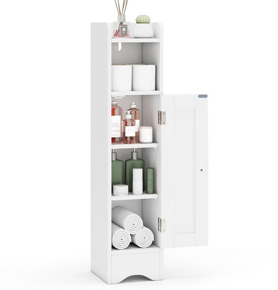 COSTWAY Toiletkast, smalle badkamerkast met open vak, houten badkamerrek met 2 verstelbare planken, opbergkast 18 x 19,5 x 80 cm (wit)