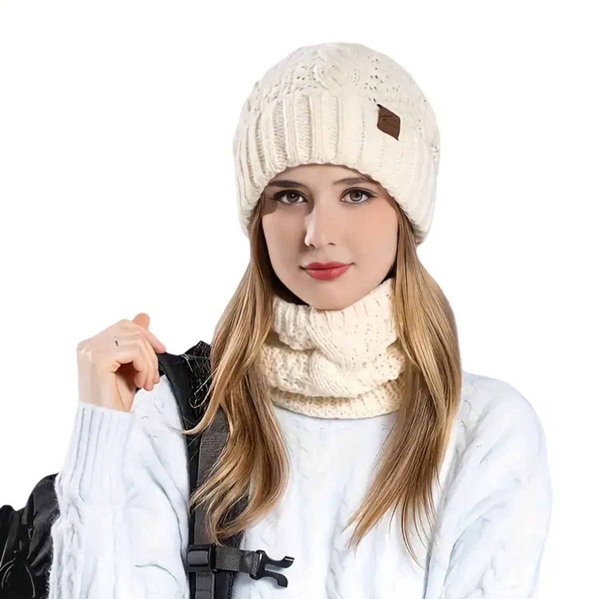 Sjtoer® Luxe Gebreide Beanie / Wit / Gevoerde Col / Sjaal / Warme muts / Wintersport / Col Ski Muts / Set / Heren Dames / Sjtoer / Cadeau