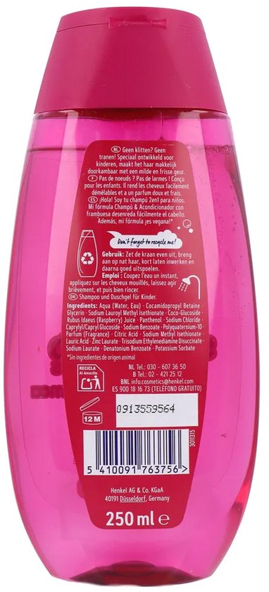 Roze fles met ingrediënten en recycle-instructies. Bevat 250 ml.
