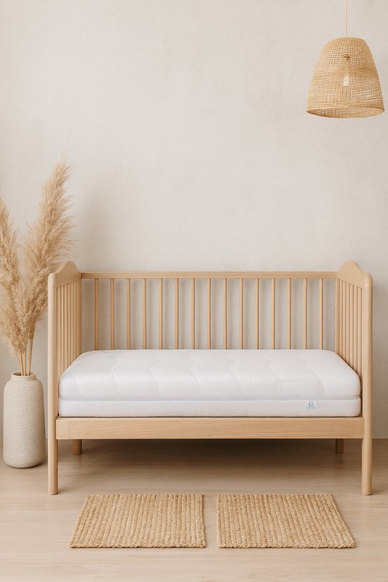Witte matras in een houten ledikant, met twee rieten matjes ervoor. Boven hangt een rieten lampenkap.