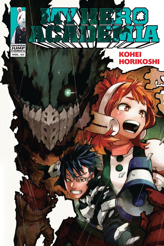 Cover van My Hero Academia Vol. 33 met Izuku Midoriya, Ochaco Uraraka en een groot monster.