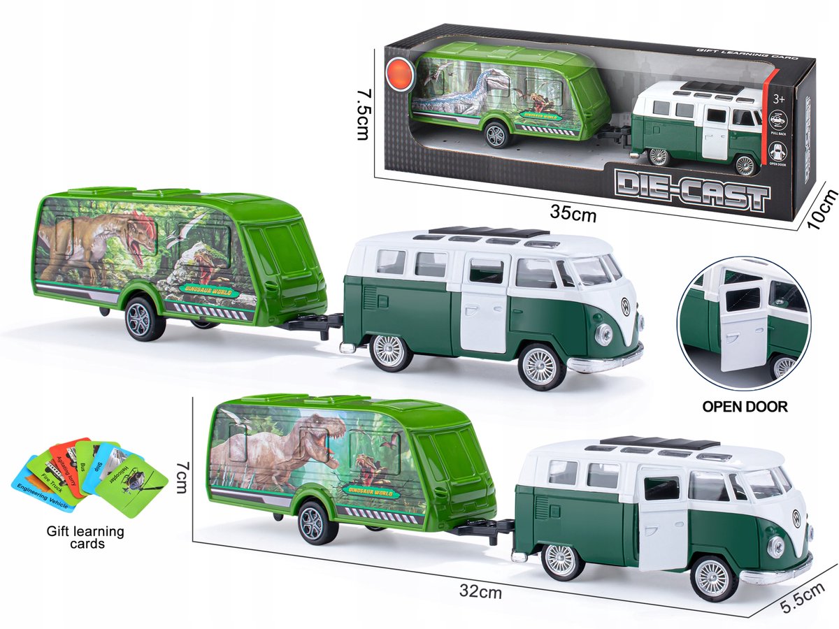 Camper met Dino Transportaanhanger - Speelgoedauto met geluid en licht