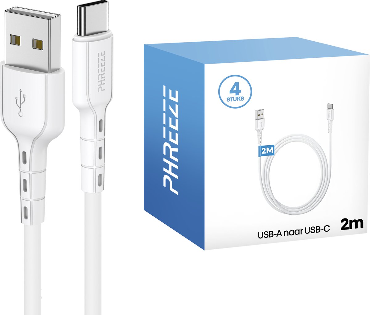 Usb A naar usb C kabel 2 meter - 4 pack - Korte oplaad kabel voor telefoon - Phreeze