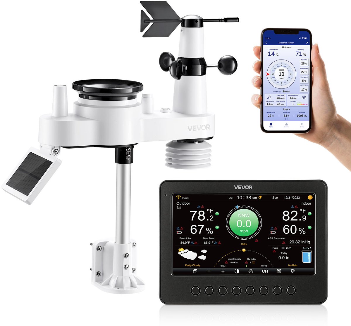VEVOR 7-in-1 WiFi-weerstation, 7-inch TFT-scherm, op Zonne-Energie Werkende Buitensensor, Weercentrum voor Weersvoorspelling, Windsnelheid, Windrichting, Temperatuur, Vochtigheid en Neerslag