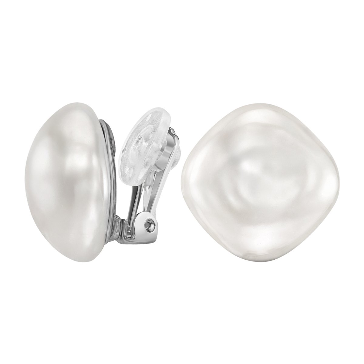 Traveller Clip Oorbellen - Oorclips Dames - Zilverkleurig - Barok Parel - 16 mm - Wit - Vierkant - Geplatineerd - 114366