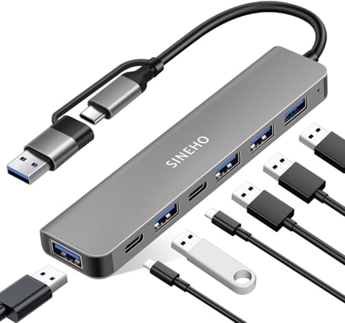 Image of 7-in-1 Dual USB Hub met USB 3.0 en USB-C poorten voor laptops en pc