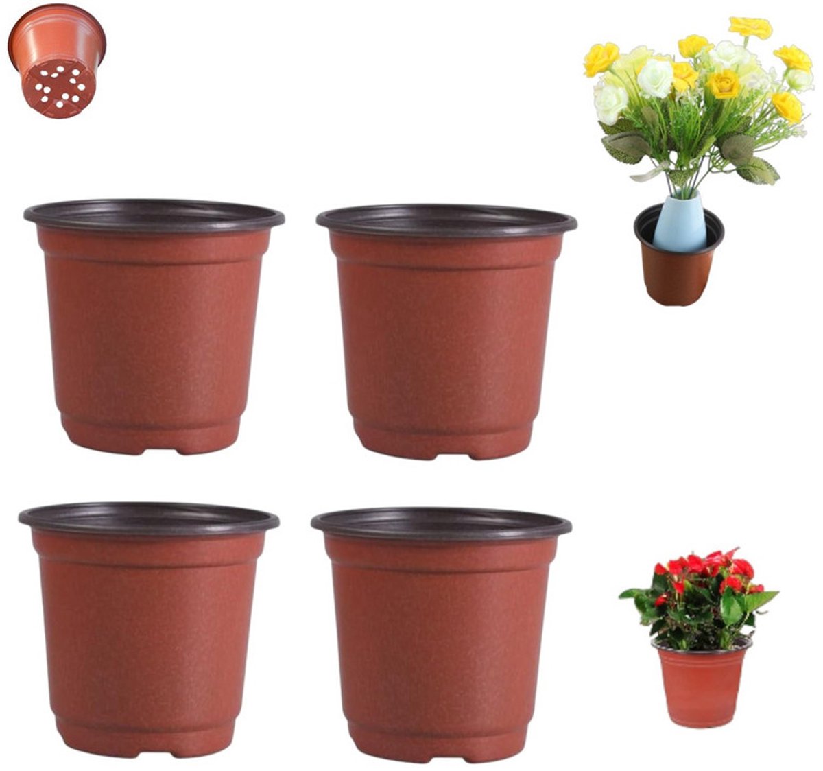 4 stuks - Plastic bloempotten - Tweekleurige plastic bloempot - PP - Voedingsbeker voor zaailingen - Voedingspot - Kweekpot - Verdikt - Bloempot - Afvoergat - 21 cm diameter - Tuinieren - Balkondecoratie