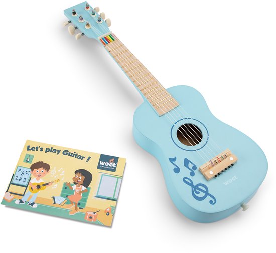 Woet® Houten Speelgoedgitaar met Draagriem - Blauw met Muzieknoten - Speelgoedinstrument - Mijn eerste Gitaar Inclusief Muziekboekje - Speelgitaar voor Kinderen - Vanaf 3 jaar