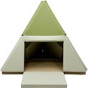 Groene en witte foam speeltent met openklapbare ingang en beige bodem.