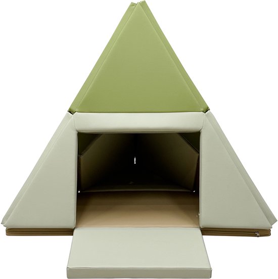 Groene en witte foam speeltent met openklapbare ingang en beige bodem.