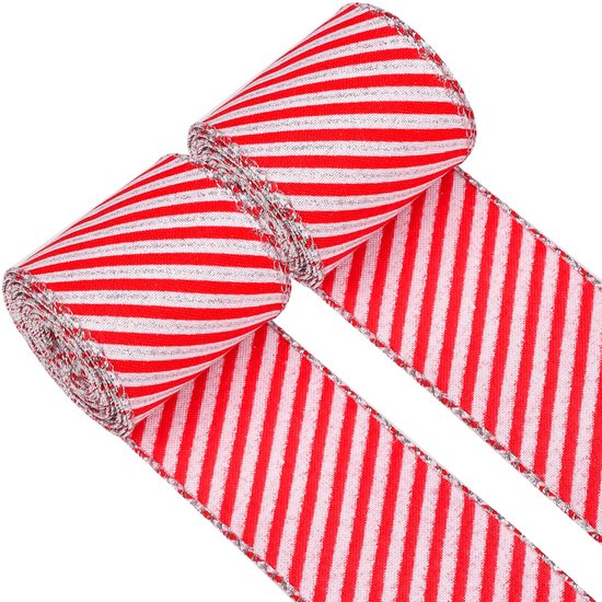 Ruban de Noël à bordure métallique, ruban rayé rouge et blanc, ruban d'emballage pour la Saint-Valentin, Noël, 6,3 cm de large (2)