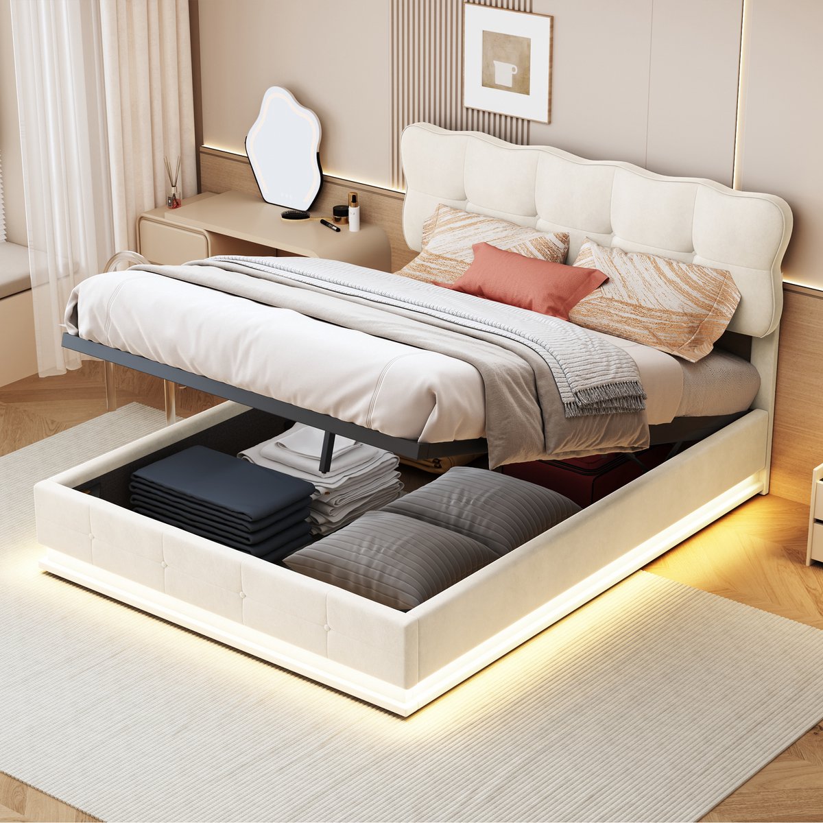 Gestoffeerd tweepersoonsbed met LED 140x190 cm - Geïntegreerde commode, lattenbodem en hoofdeinde, bedframe voor volwassenen, tienermeisje, beige fluweel (zonder matras)