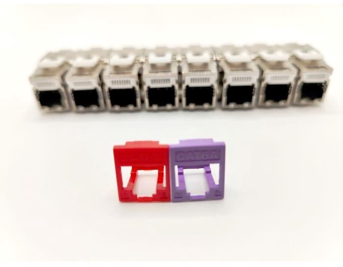 Pakket van 8 RJ45 Cat.6a keystone-aansluitingen - LINEAIR - PRC624AK8 - 2 met gekleurde frontplaten