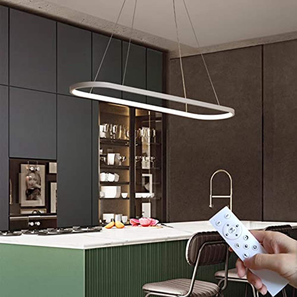 Ovale Dimbare LED Hanglamp met Afstandsbediening - Verstelbare Eettafel Lamp voor Keuken e