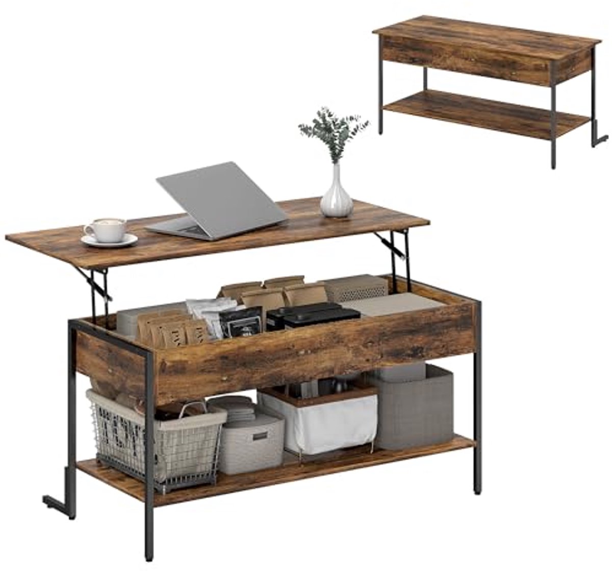 Salontafel met lift top en opbergruimte - Industrieel ontwerp in rustiek bruin