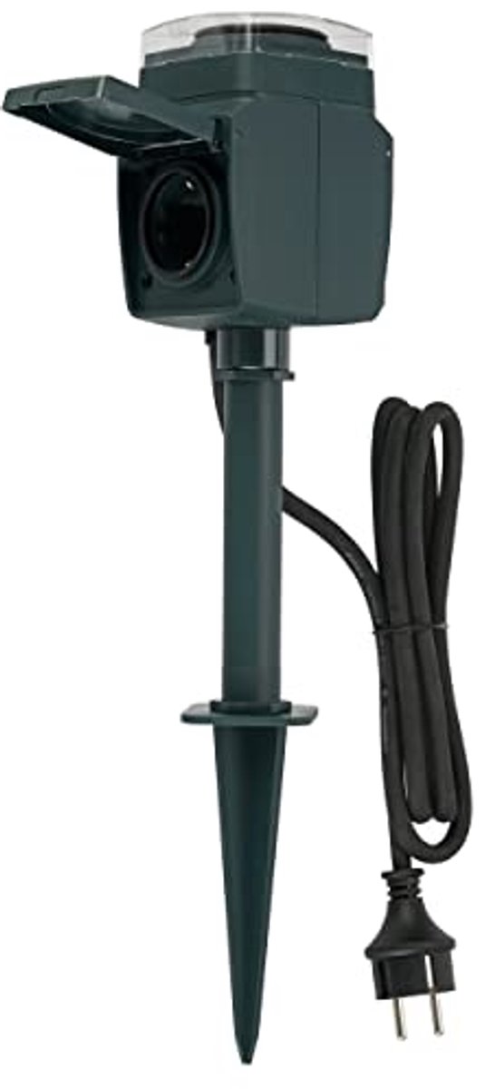 2-voudig Buitenstopcontact met Timer – IP44, 1,4 m Rubberen Kabel, Met Grondpen en Bodemplaat