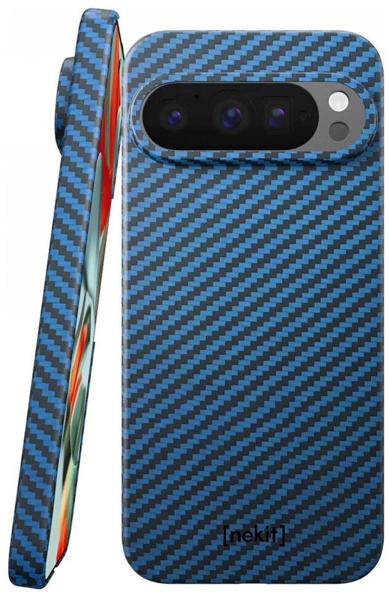NEKIT Fiber Hoesje Geschikt voor Google Pixel 9 Pro XL - Compatibel met MagSafe - High-tech Kevlar Aramidevezels 1500D - Back Cover Ultra Dun - Blauw