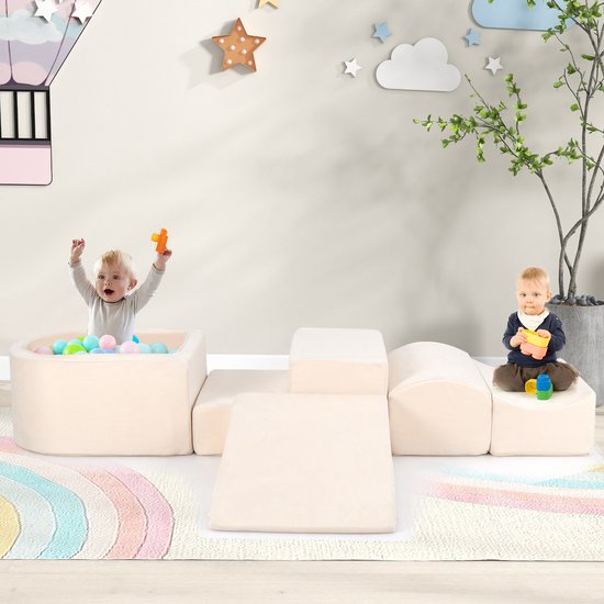 COSTWAY 5-delige schuimbouwstenen, reuzenbouwstenen met ballenbad, grote bouwstenen om te ravotten en te klimmen, klimblokken, zachte bouwstenen voor speelkamer, kinderkamer (beige) van COSTWAY — afbeelding 3