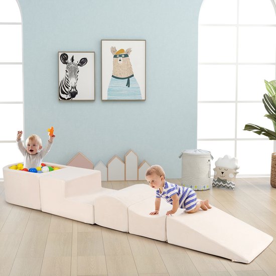 COSTWAY 5-delige schuimbouwstenen, reuzenbouwstenen met ballenbad, grote bouwstenen om te ravotten en te klimmen, klimblokken, zachte bouwstenen voor speelkamer, kinderkamer (beige) van COSTWAY — afbeelding 2
