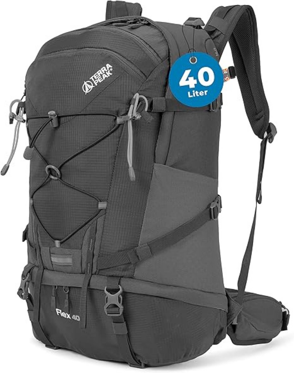 Terra Peak wandelrugzak 40L Flex 40 Premium groot met rugventilatie, regenhoes & drinksysteemhouder, trekkingrugzak van ademend 3D Air Mesh - outdoor dagrugzak met heupriem