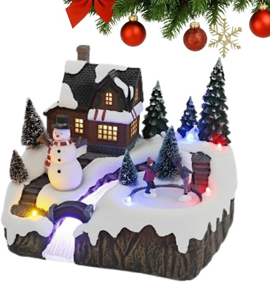Lomera Kersthuisje Met Led Verlichting - Kersttafereel Met Verlichting - Bewegende Ijsbaan - Kerstdecoratie Met Licht - Sneeuwpop En Schaatsers - Multicolor Led Lampjes - Werkt Op Batterijen - Gezellig Kersttafereel - Schaatsers Met Licht - Kerstdorp