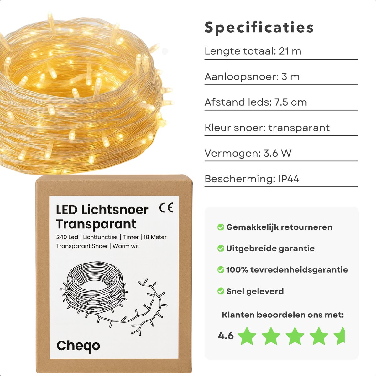 Cheqo® LED Verlichting - 240 LED Lampjes - Warm Wit - Lichtfuncties - Timer Functie - 18 Meter Lichtsnoer - Kerstboomverlichting Transparant Snoer - Binnen En Buiten - IP44 Adapter - Kerstverlichting - Lichtslinger - Sfeerverlichting - Kerstlampjes – foto 6