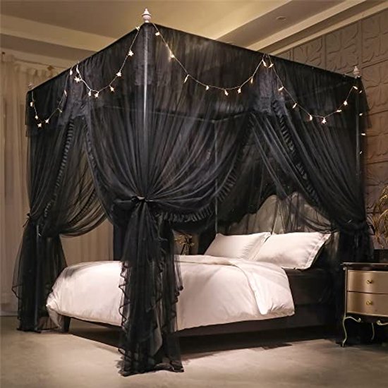 Beddengoed 4 hoeken post prinses hemelbed gordijn, draperen vierkant net, 3 opening klamboe, slaapkamer decoratie voor meisjes en volwassenen, roestvrijstalen beugel, paars, 2 * 2,2 m