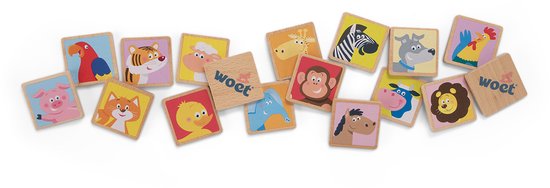 Houten speelgoed met afbeeldingen van dieren: varken, kat, kuiken, olifant, aap, paard, leeuw, kip, hond en papegaai.