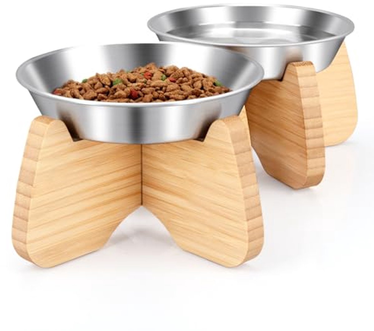 Verhoogde Kattenvoerbak met Houten Stand, Antislip Roestvrijstalen Bak voor Katten en Honden, Set van 2