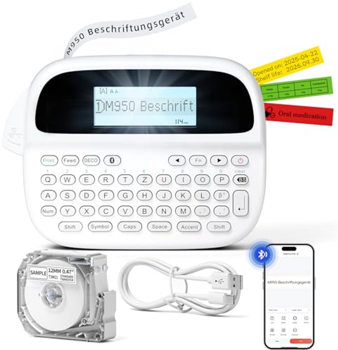 Labelprinter voor smartphone, zelfklevend, draagbare QWERTZ-labelprinter voor thuiskantoor en kantoor