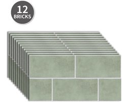 Set van 12 vloer- en wandtegelstickers - Tegelstickers - Zelfklevende muurstickers - Antislip plaktegelstickers - 3D - Zelfklevende peel-and-stick voor keukens en badkamers - DIY PVC vloerstickers - Saliegroen - 30x15 cm / 12x6 inch