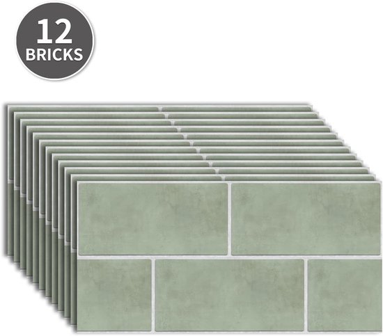 Stapel van 12 vellen saliegroene zelfklevende muurstickers in metrotegelstijl, met een indicatie van "12 BRICKS".
