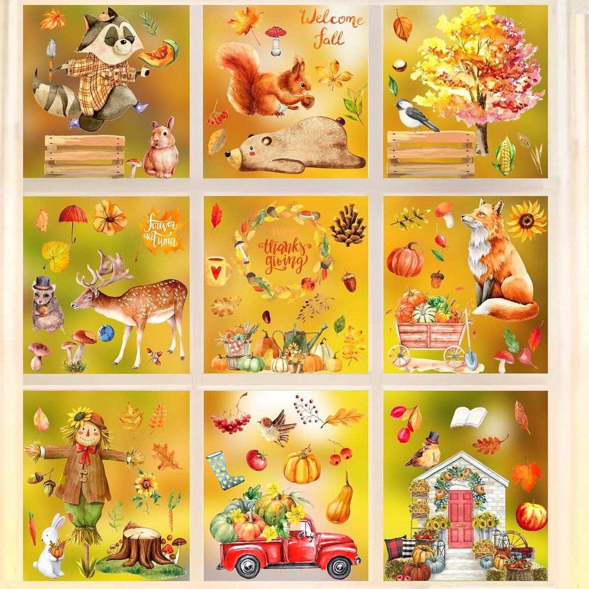 9 vellen raamafbeeldingen herfst, warme herfstdecoratie, Thanksgiving raamafbeeldingen, zelfklevend met esdoornbladeren, pompoen, vogelverschrikker, herfstdecoratie, stickers voor ramen,