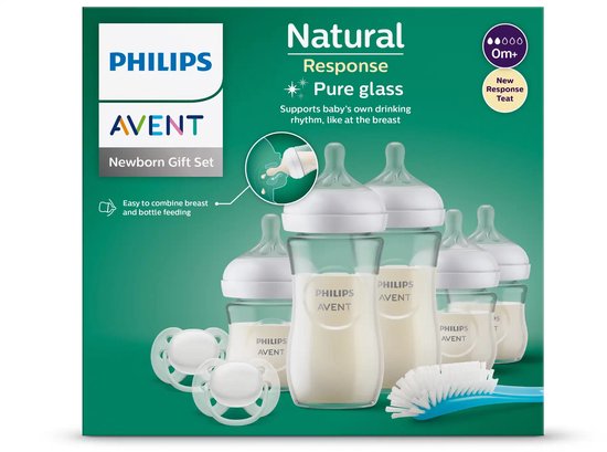 Philips Avent Natural Response Newborn Cadeauset met glazen babyflessen, fopspenen, flessenborstel en verpakking.