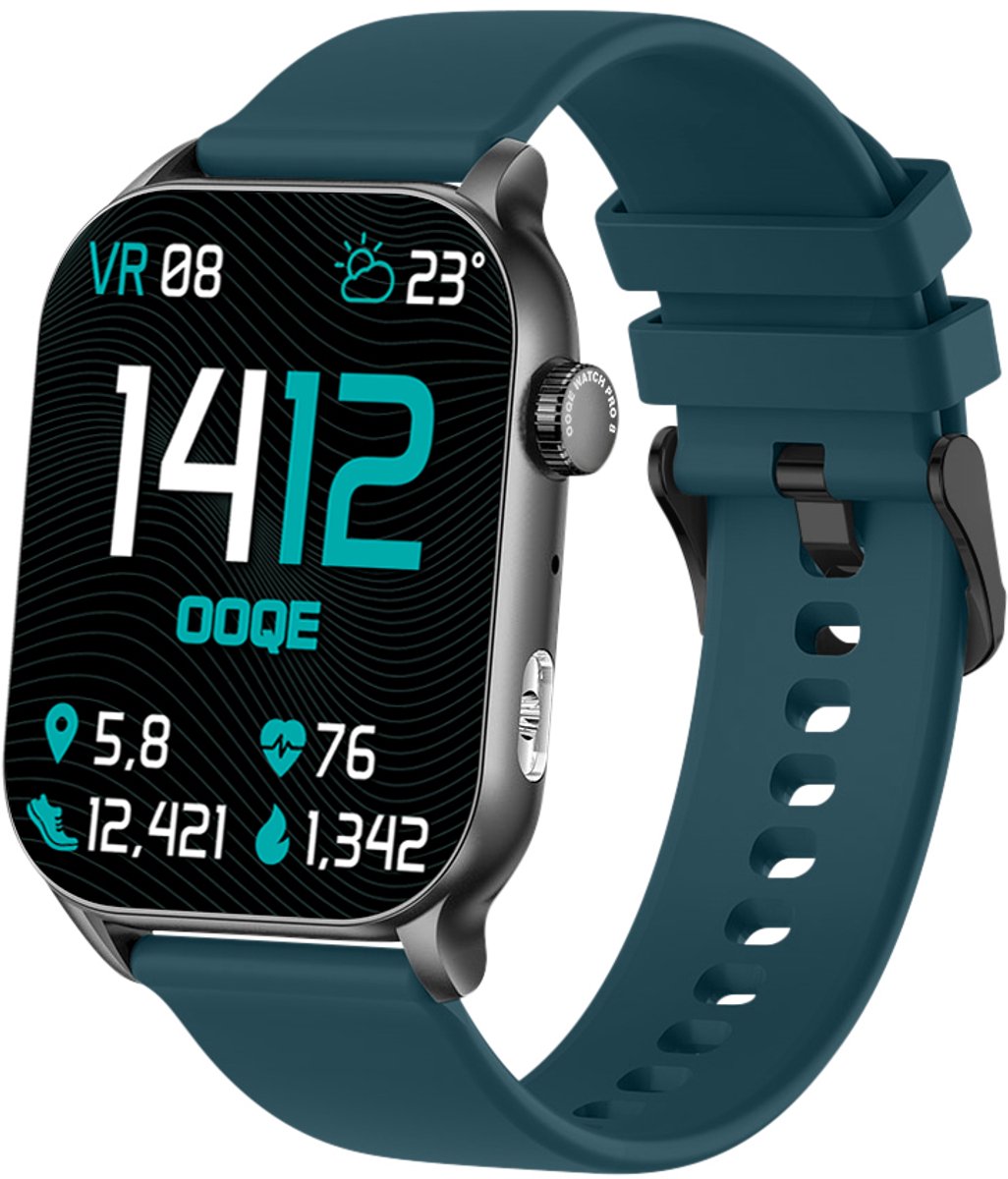 OOQE WATCH PRO 8 - Smartwatch Heren en Dames | Geschikt voor iOS en Android | AMOLED | Notificaties | Gezondheidsanalyse | Sportanalyse | GPS Koppeling | Bellen | Muziek/Audio Luisteren | Ergonomisch | Nederlandstalig | Groen