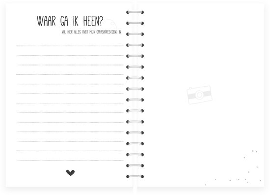 Open invulboek met de tekst "Waar ga ik heen? Vul hier alles over mijn oppas sessie in.", lijntjes, een hartje en een camera-icoon.