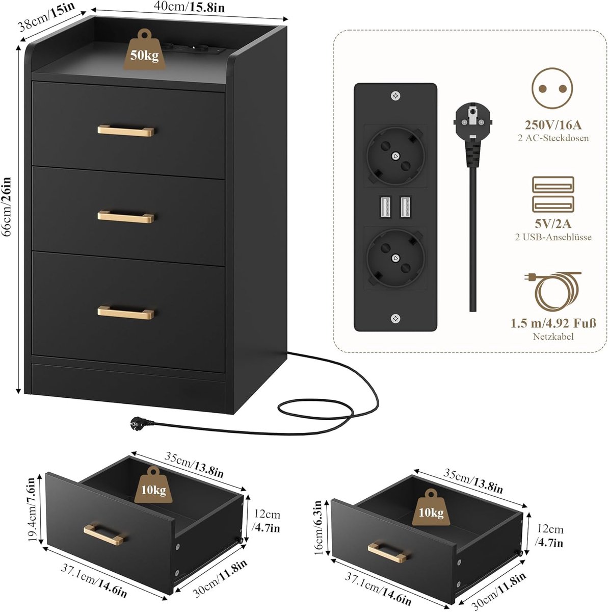 VASAGLE Set van 2 nachtkastjes met veranderende multi-colour LED-stripverlichting, 3 lades, moderne bijzettafel, 35 x 40 x 55 cm, zwart houtlook LET0830B01