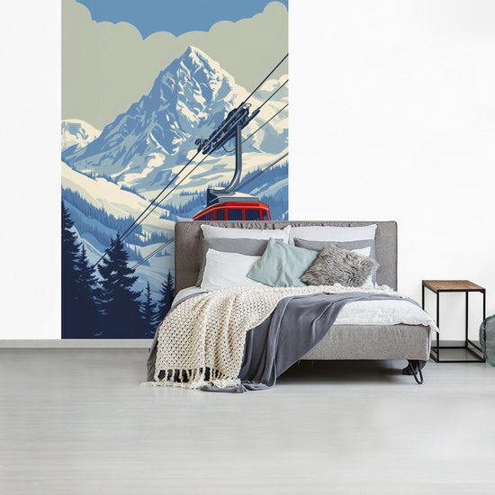Behang - Fotobehang Kabelbaan - Sneeuw - Berglandschap - Breedte 200 cm x hoogte 300 cm
