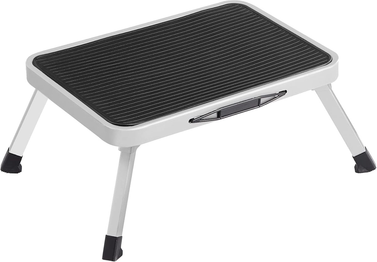 Famanu Opstapje, opvouwbare trapladder, stalen ladder met één trede, antislip trede, draagvermogen tot 150 kg, uitgeklapt formaat 32 x 44 x 17,5 cm, wit GSL01WT