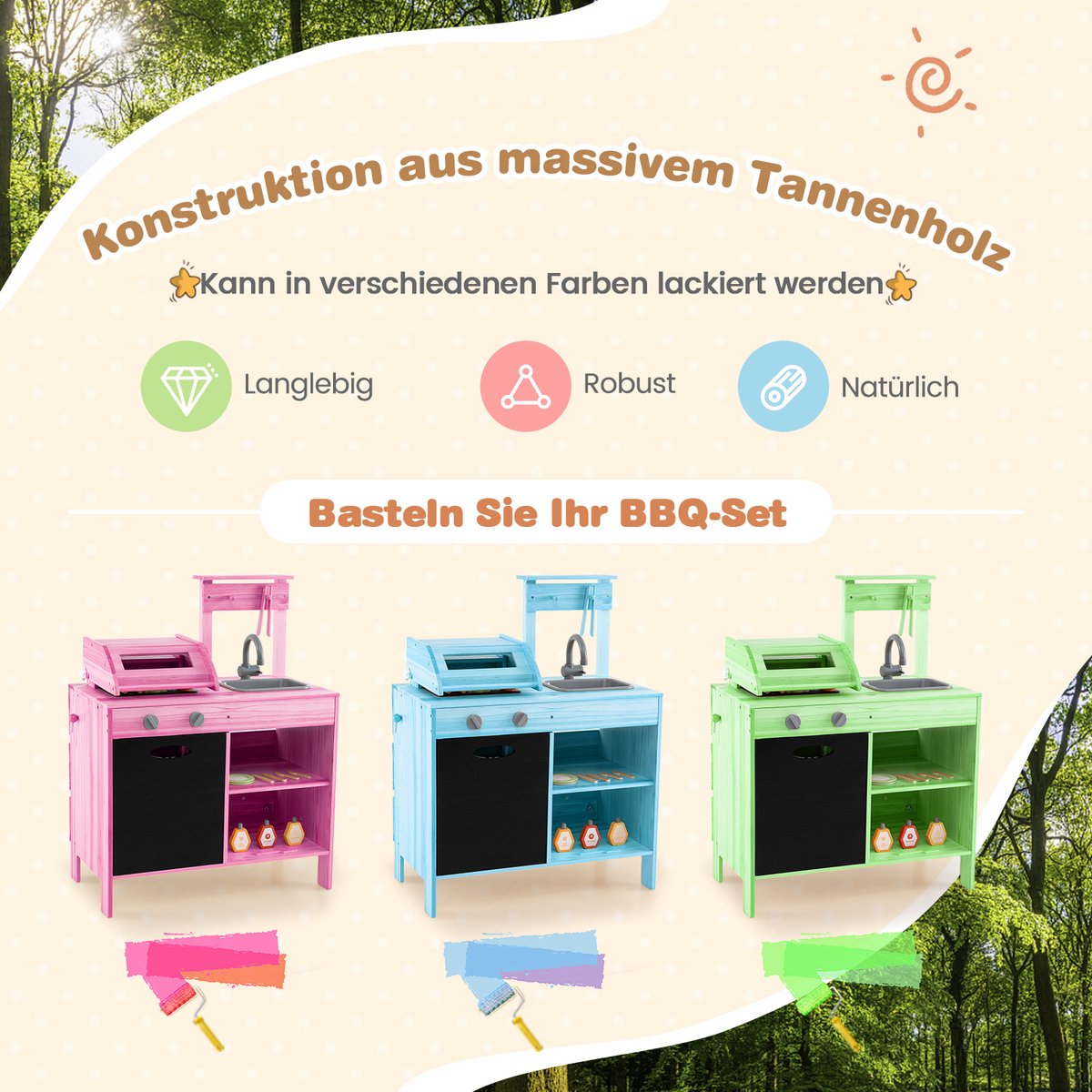 COSTWAY Modderkeuken voor kinderen, outdoor, kinderbarbecue met barbecue-accessoires, BBQ grill speelset met bord en spoelbak, speelkeuken, outdoorkeuken voor jongens en meisjes vanaf 3 jaar — afbeelding 5
