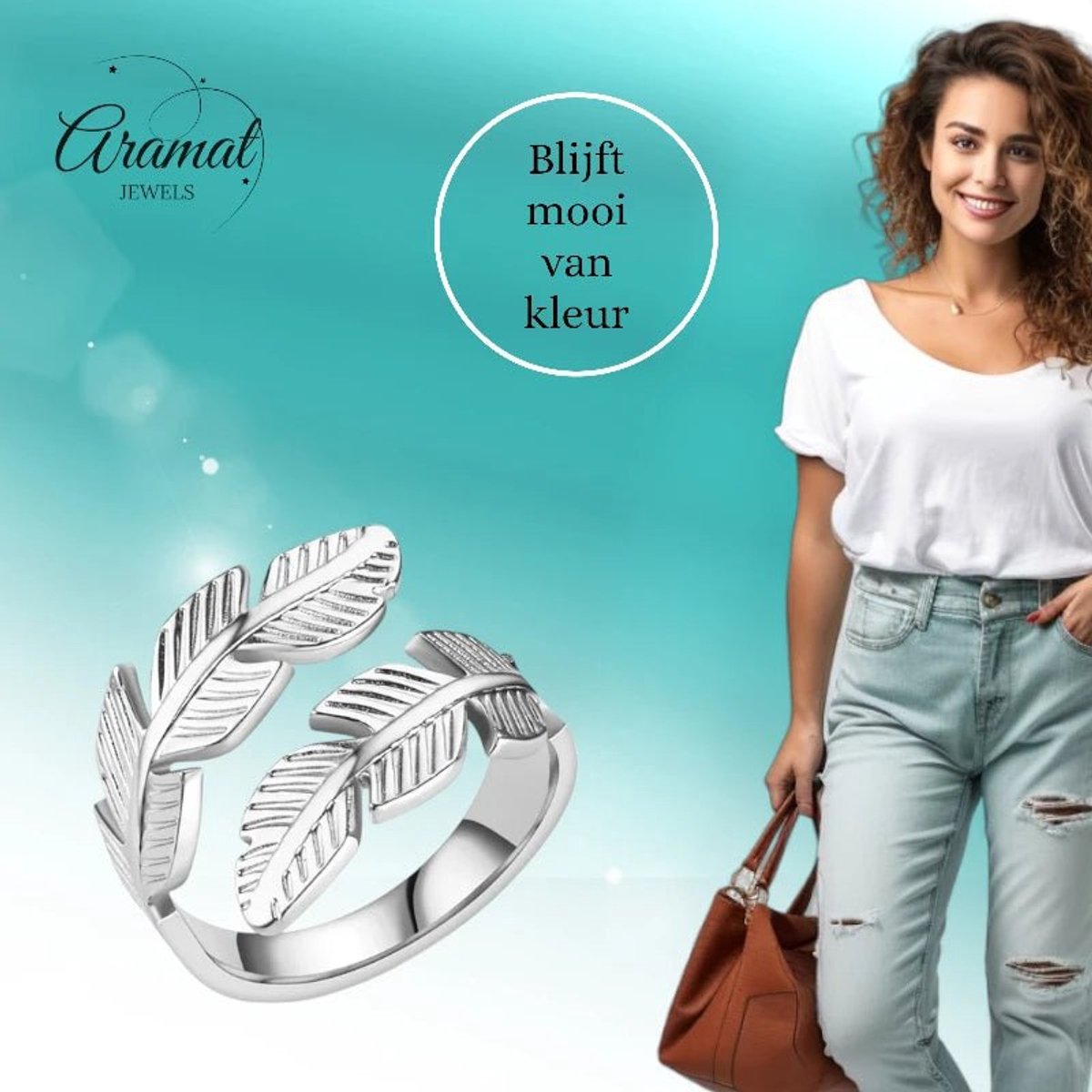 Aramat Jewels | Ringen | RVS Damesring Verstelbaar – Brede Open Veertjesvorm – 15 mm | Zilverkleur | |15mm | Staal | Volwassenen | Verkleurd niet