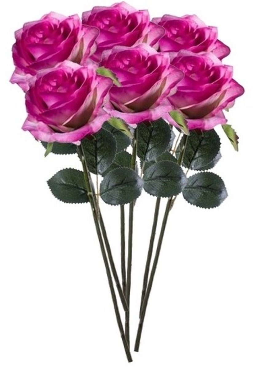 Bellatio Flowers & Plants Emerald Kunstbloemen roos - 6x - rozen - Simone - fuchsia - 45 cm - decoratie bloemen Paars