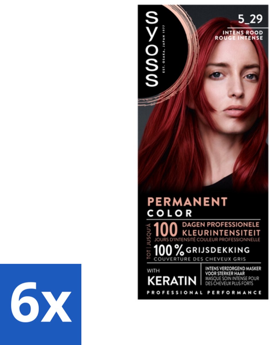 6 x SYOSS - Coloration 5-29 Intens Rood - Haarverf - Grijsdekking - Vermindert Haarbreuk - Permanente Haarkleuring - Haarkleur - Grijsdekking - Keratine - Haarmasker