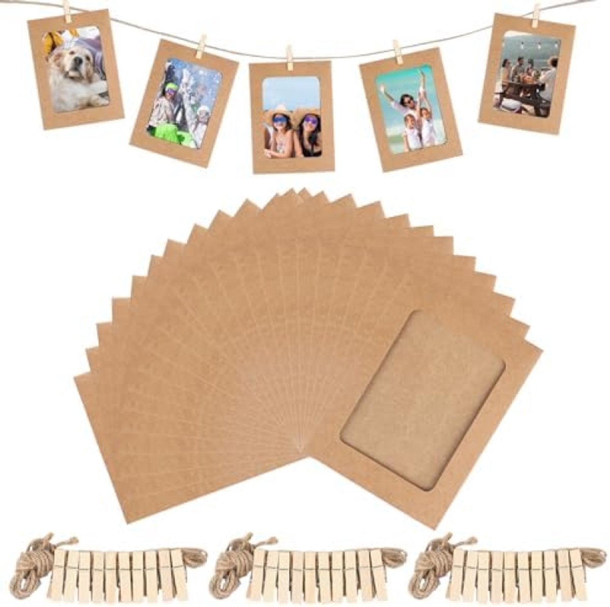 PromoHome 30 stuks kraftpapier fotolijstjes set - DIY wanddecoratie met natuurlijke uitstraling Bruin