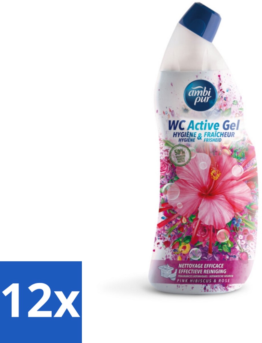 12 x Ambi Pur - Toiletreiniger - WC Active Gel - Hibiscus & Roos - 750 ml - Toilet Schoonmaak - Toilet Reiniger - Wc Gel - Hibiscus Geur - Roos Geur