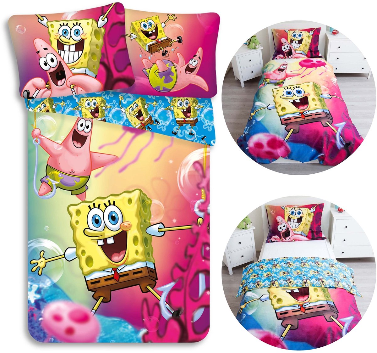Spongebob Kleurrijk, TWEEZIJDIG, kinder beddengoed met rits, 100% KATOEN 140x200cm+70x90cm OEKO-TEX