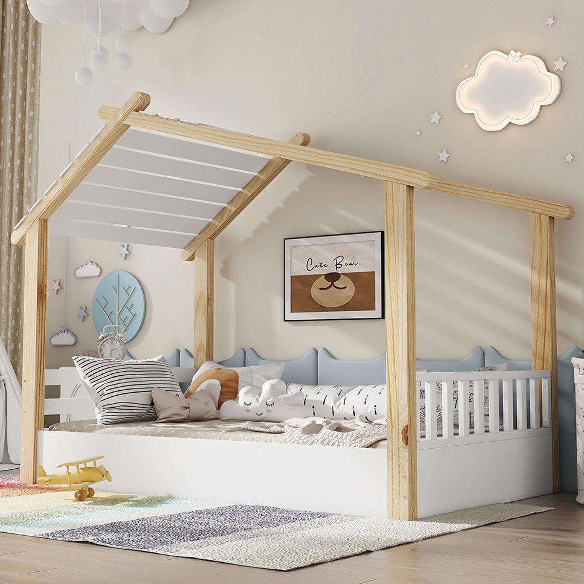 KOMHTOM BLACKCOLORS Houten bedden, babybed, eenpersoonsbed, verfijnd ontwerp in hout, stabiele lattenbodems, sober ontwerp, grenen + spaanplaat + MDF, wit + naturel, 90 x 190 cm