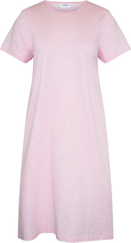 Roze nachthemd met korte mouwen en all-over witte stippen- en hartjesprint.