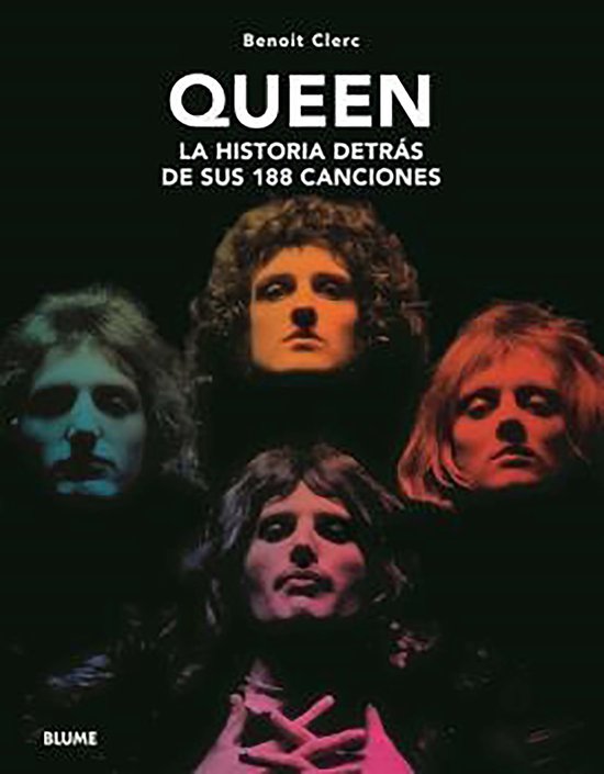 Boekhoes met vier hoofden van Freddie Mercury, Brian May, Roger Taylor en John Deacon. Titel: Queen: La historia detrás de sus 188 canciones.