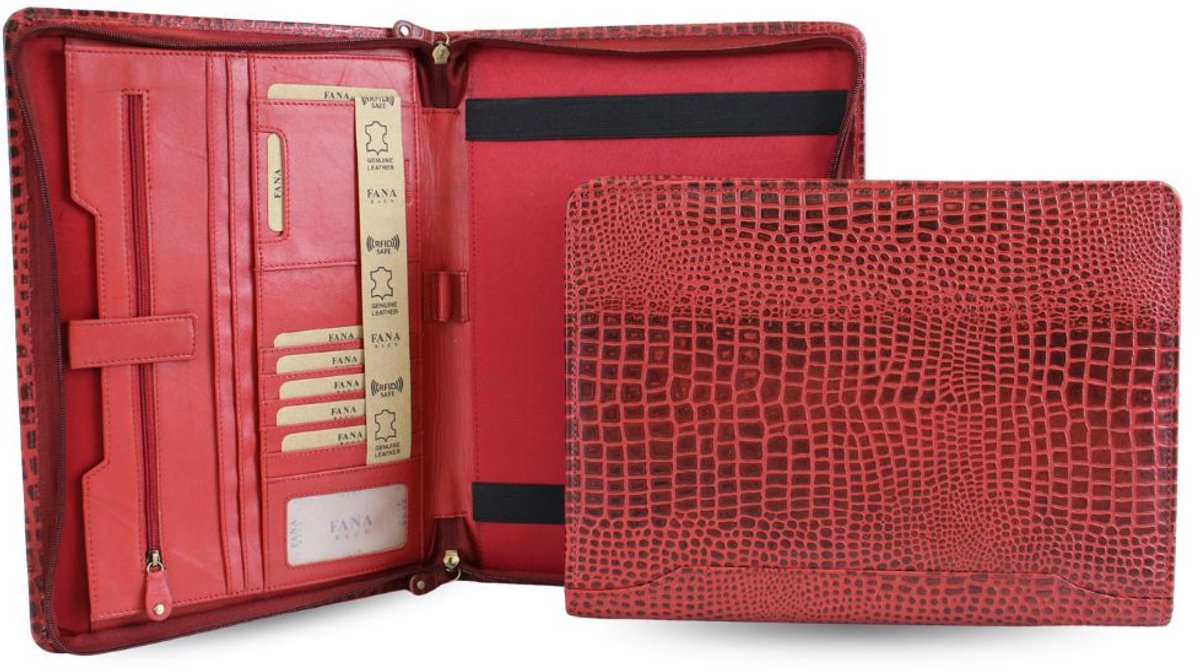 Fana Bags Leren Schrijfmap Rood Croco - Luxe Leren Conferentiemap met Rits - A4 Businessmap - Zakelijke Map